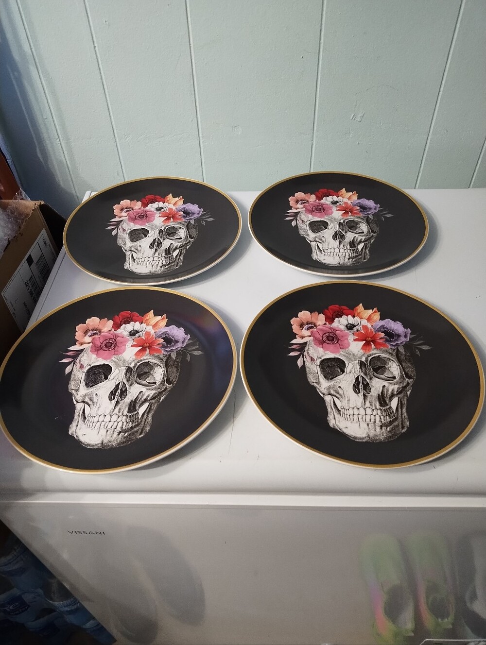 (4) Harvest Green Studio Halloween Floral Skull dinner Plates